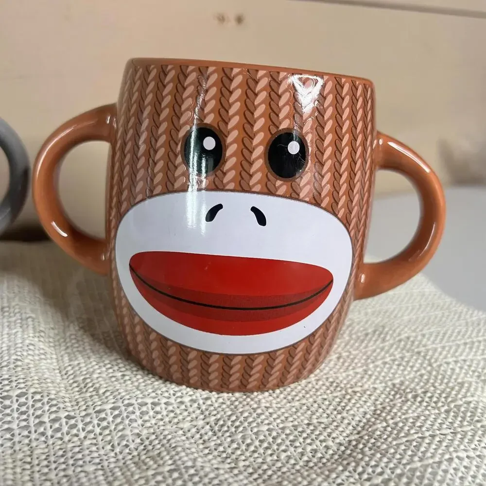 Galerie‎ Sock Monkey Novelty Coffee Mugs Set 2 Brown Gray Ceramic Double Handle